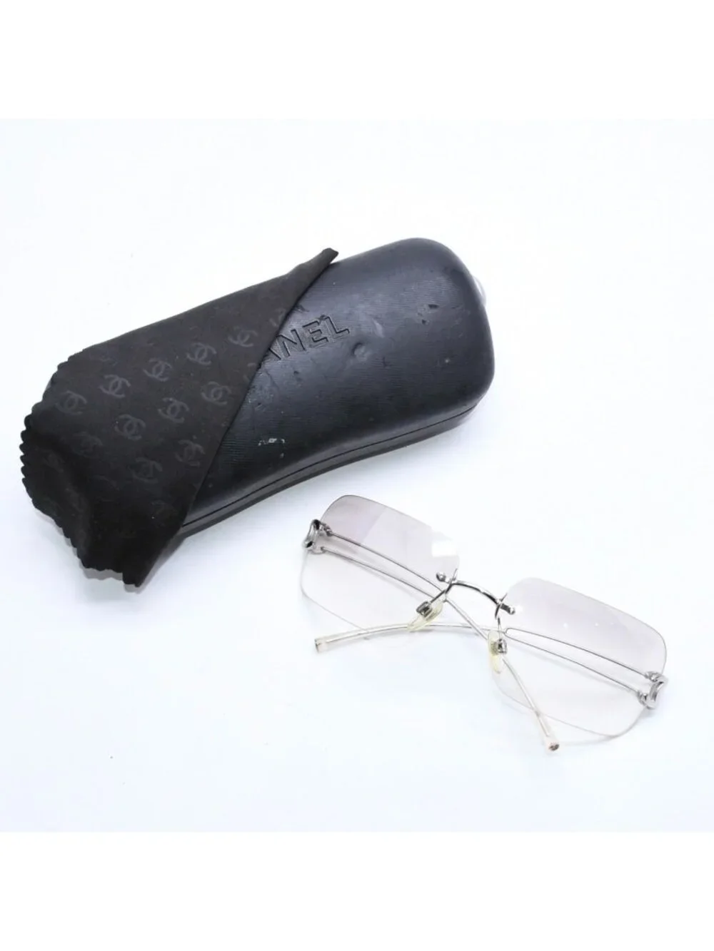 Chanel Rimless Sunglasses Side CC Logo Clear Silver Frame Metal 16 Eyewear